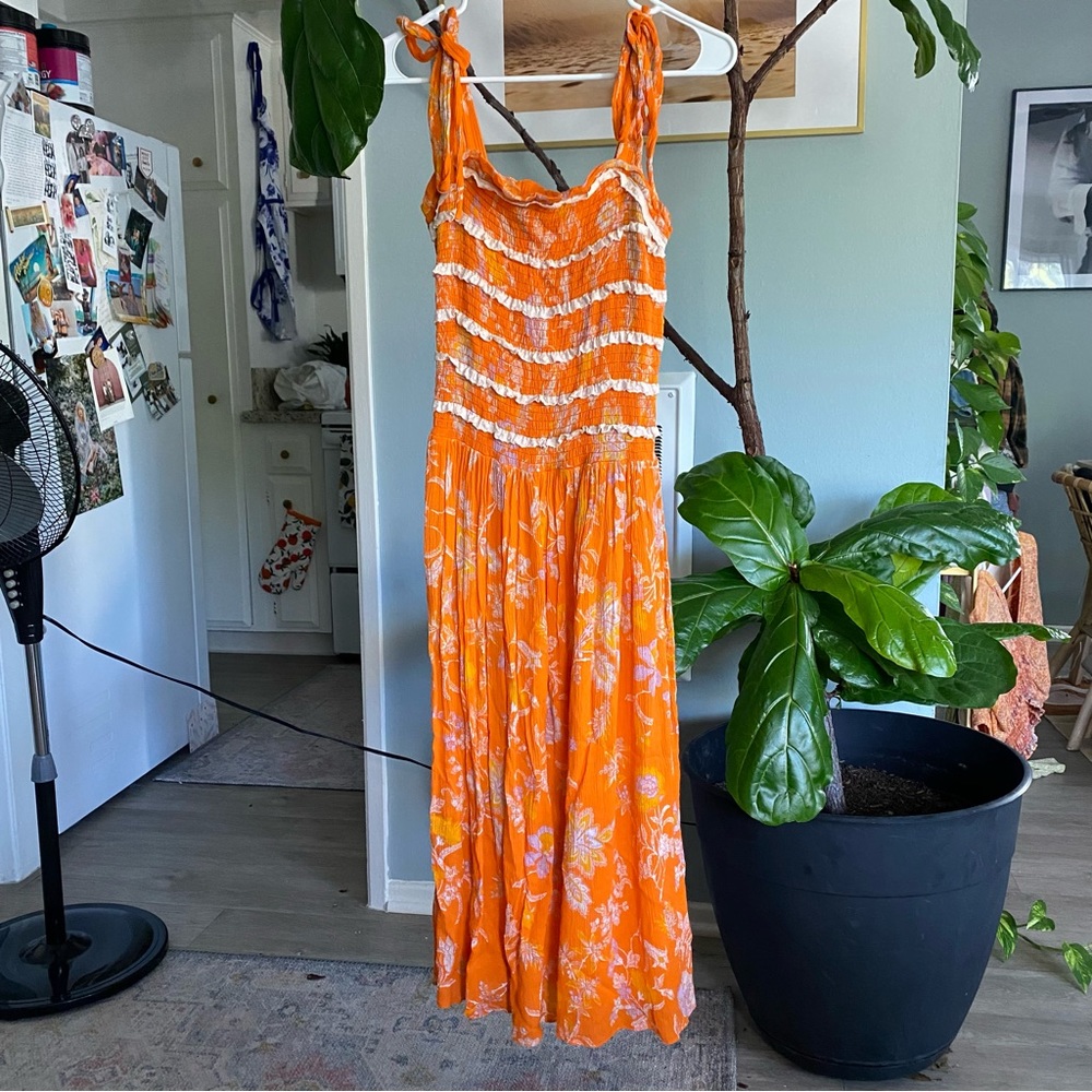 Free People Orange Floral Midi Dress